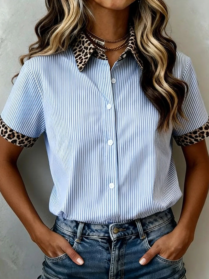 Striped short-sleeve button-down with leopard collar and cuffs