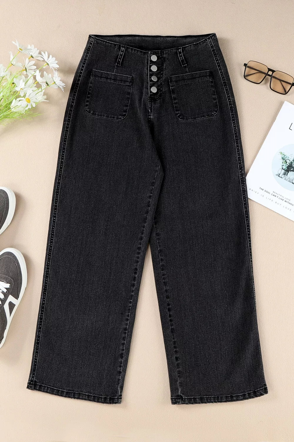 High-rise button-fly wide-leg jeans with patch pockets