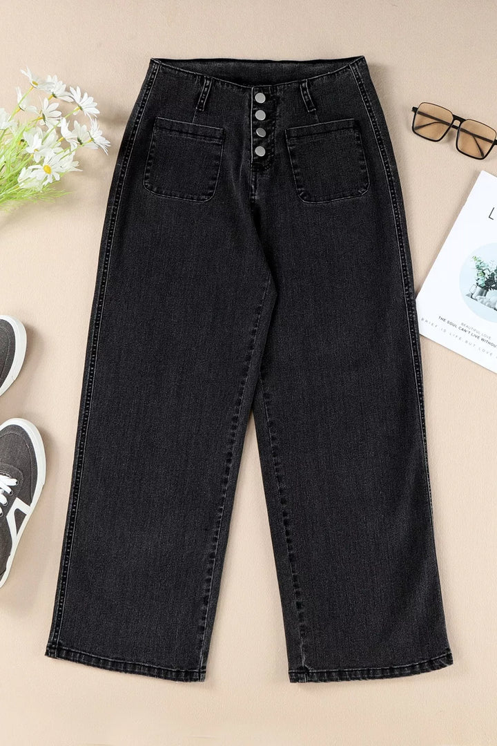 High-rise button-fly wide-leg jeans with patch pockets