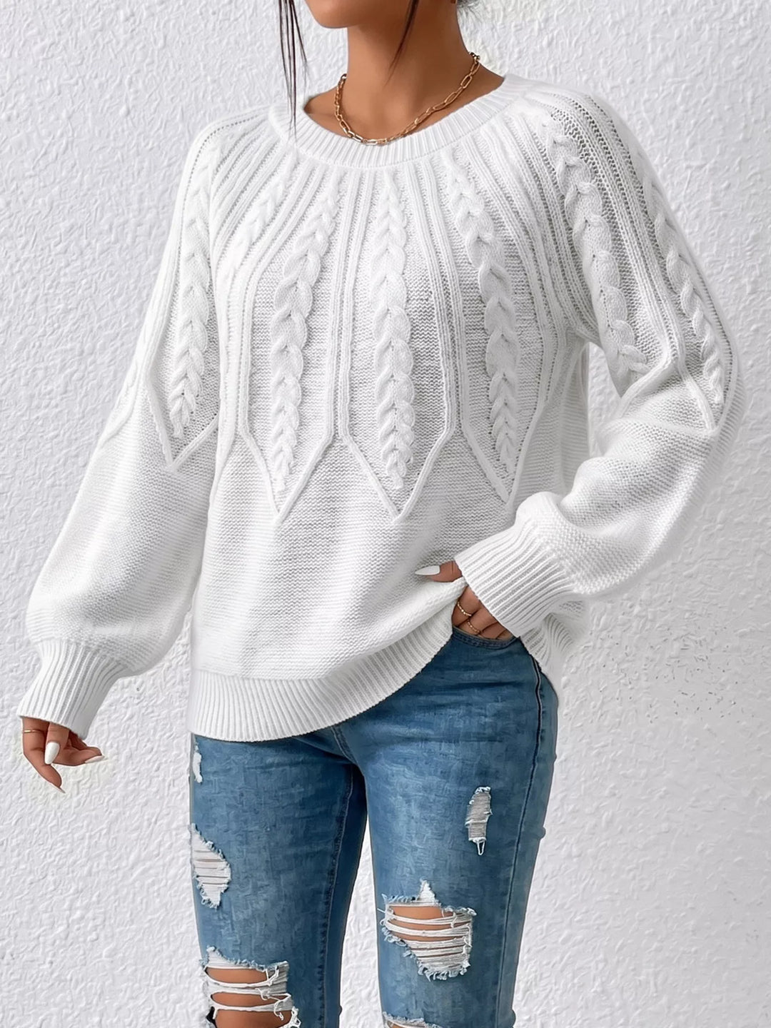 Braided cable knit crew neck pullover sweater