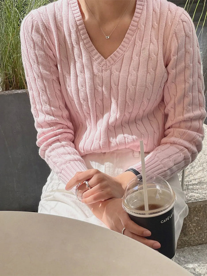 Pink Cable knit V-neck pullover sweater with ribbed trim