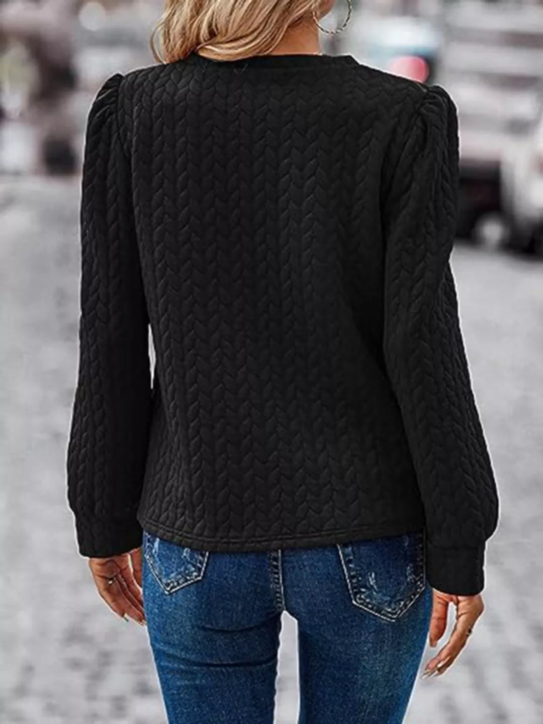 Textured cable-knit puff sleeve pullover top
