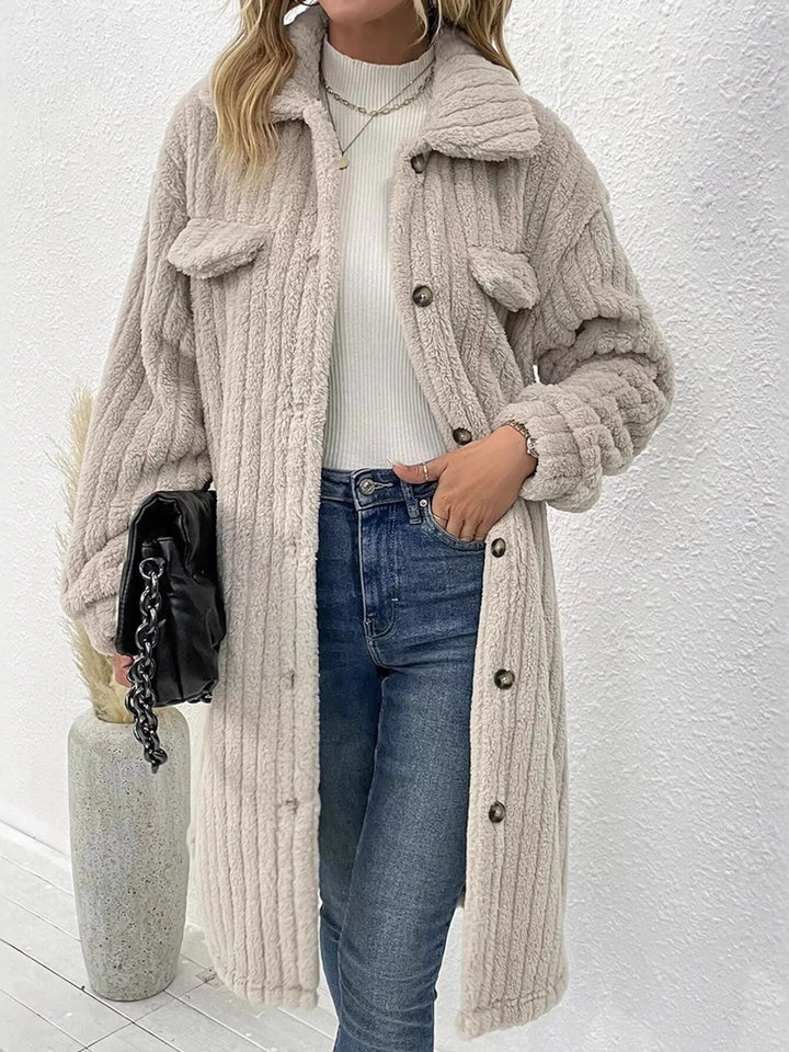 Apricot Ribbed fleece longline button-down coat with flap pockets
