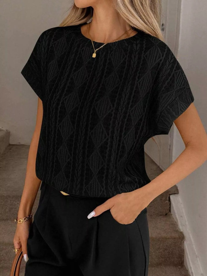 Black Textured diamond knit round neck top with cap sleeves