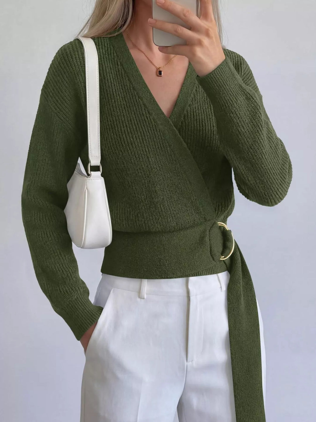 Army Green Ribbed knit wrap sweater with gold O-ring belt tie