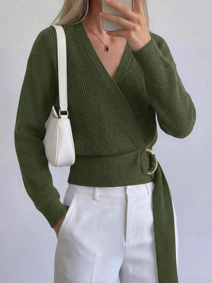 Army Green Ribbed knit wrap sweater with gold O-ring belt tie