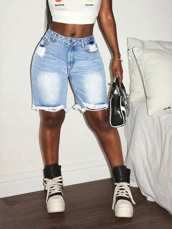 Distressed high-rise frayed hem denim shorts