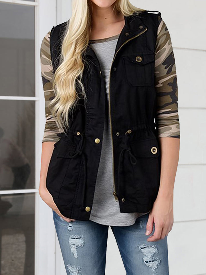 Black Drawstring waist utility vest with snap flap pockets
