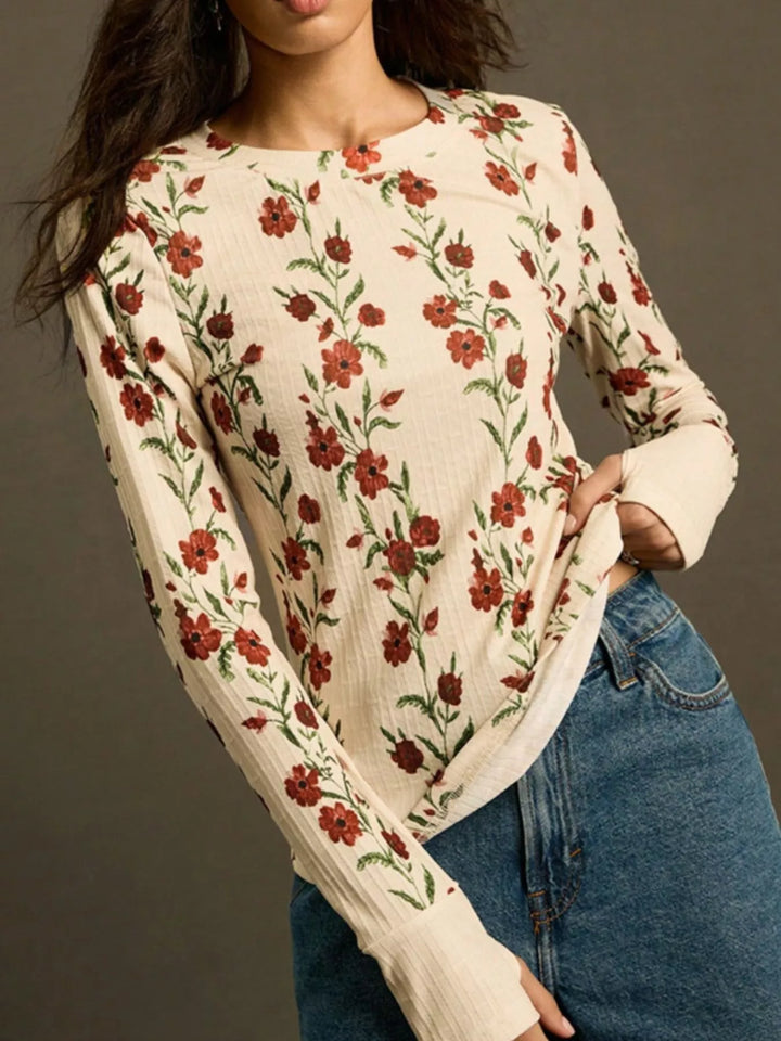 Ribbed floral long sleeve crew neck top with thumbhole cuffs