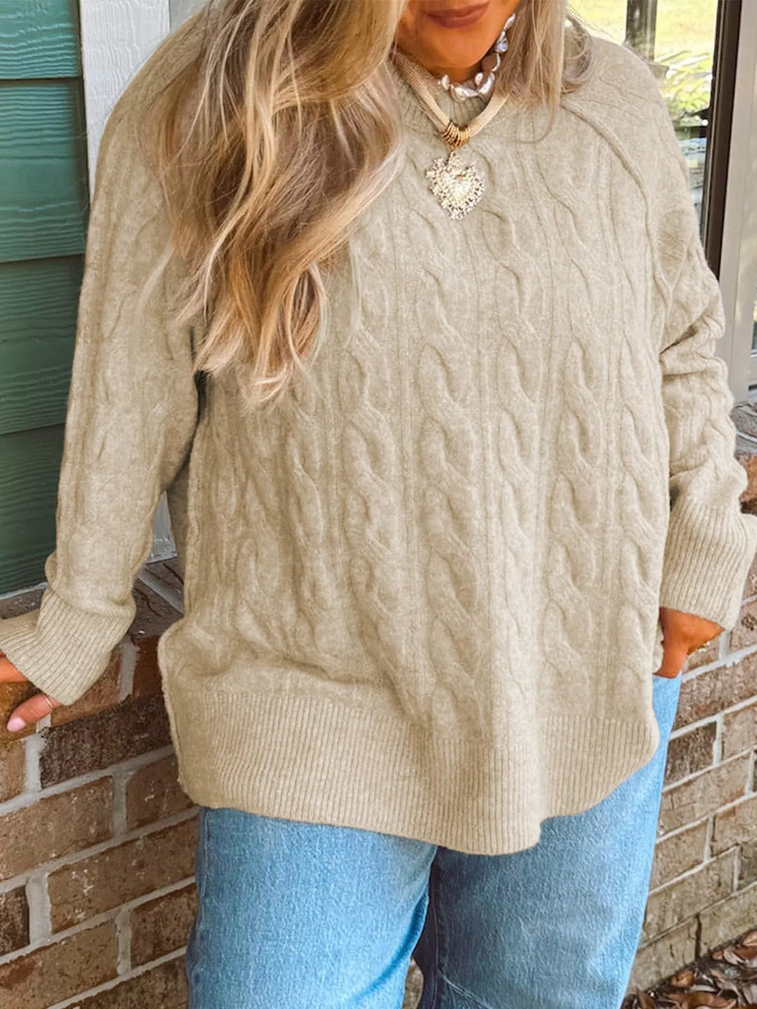 Khaki Oversized cable knit crew neck sweater with drop shoulders
