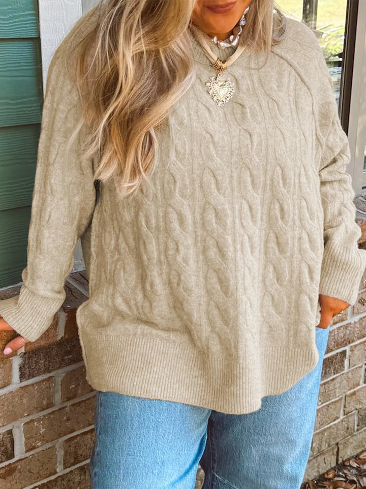 Khaki Oversized cable knit crew neck sweater with drop shoulders