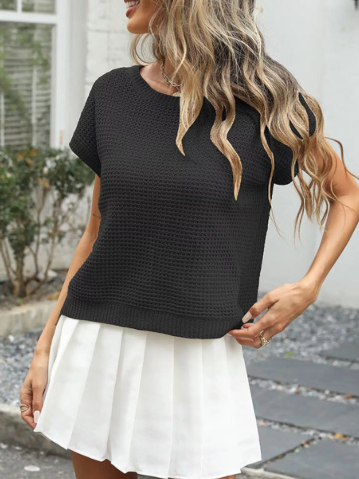 Round neck openwork waffle knit cropped top