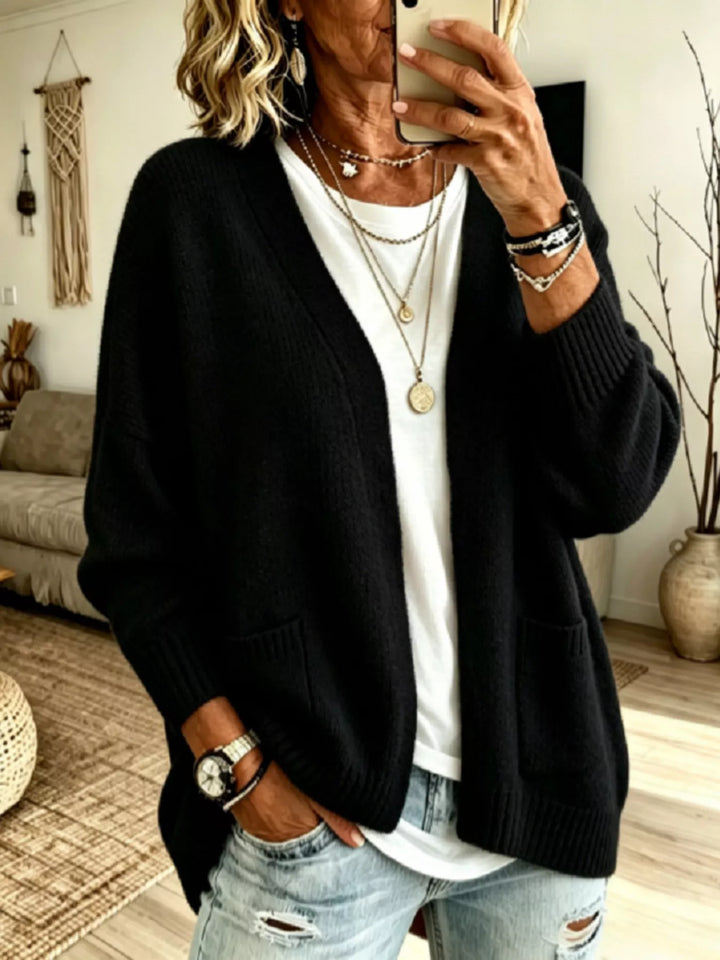 Black Open front knit cardigan with patch pockets and ribbed trim