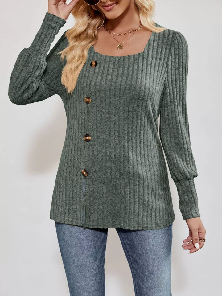 Moss Ribbed knit square-neck top with button trim and side slit