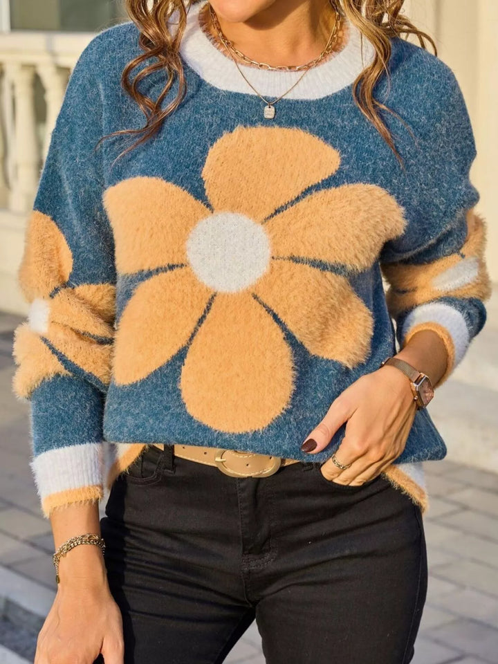 Fuzzy knit floral crew neck sweater with contrast trim