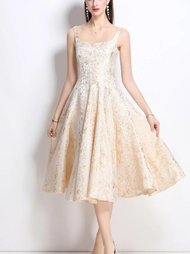Square neck A-line midi dress with metallic shimmer print