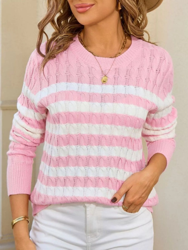 Striped cable knit sweater with ribbed crew neck