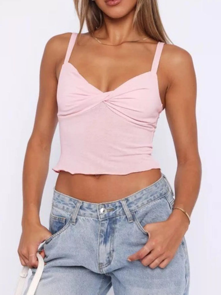 Pink Twist-front cropped cami with sweetheart neckline