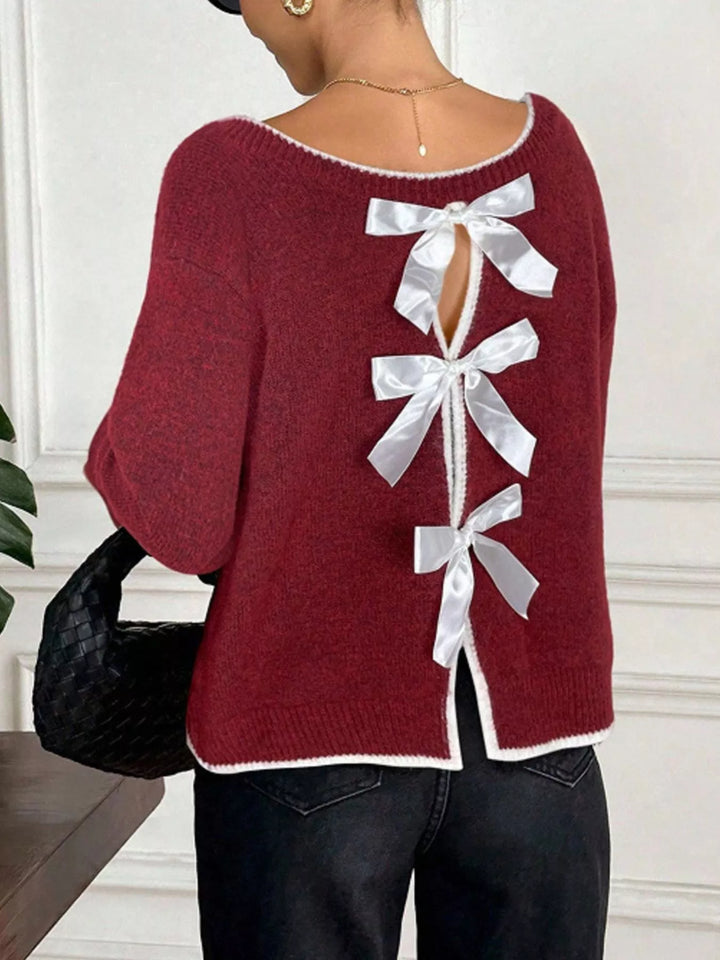 Burgundy Contrast trim knit sweater with back bow ties