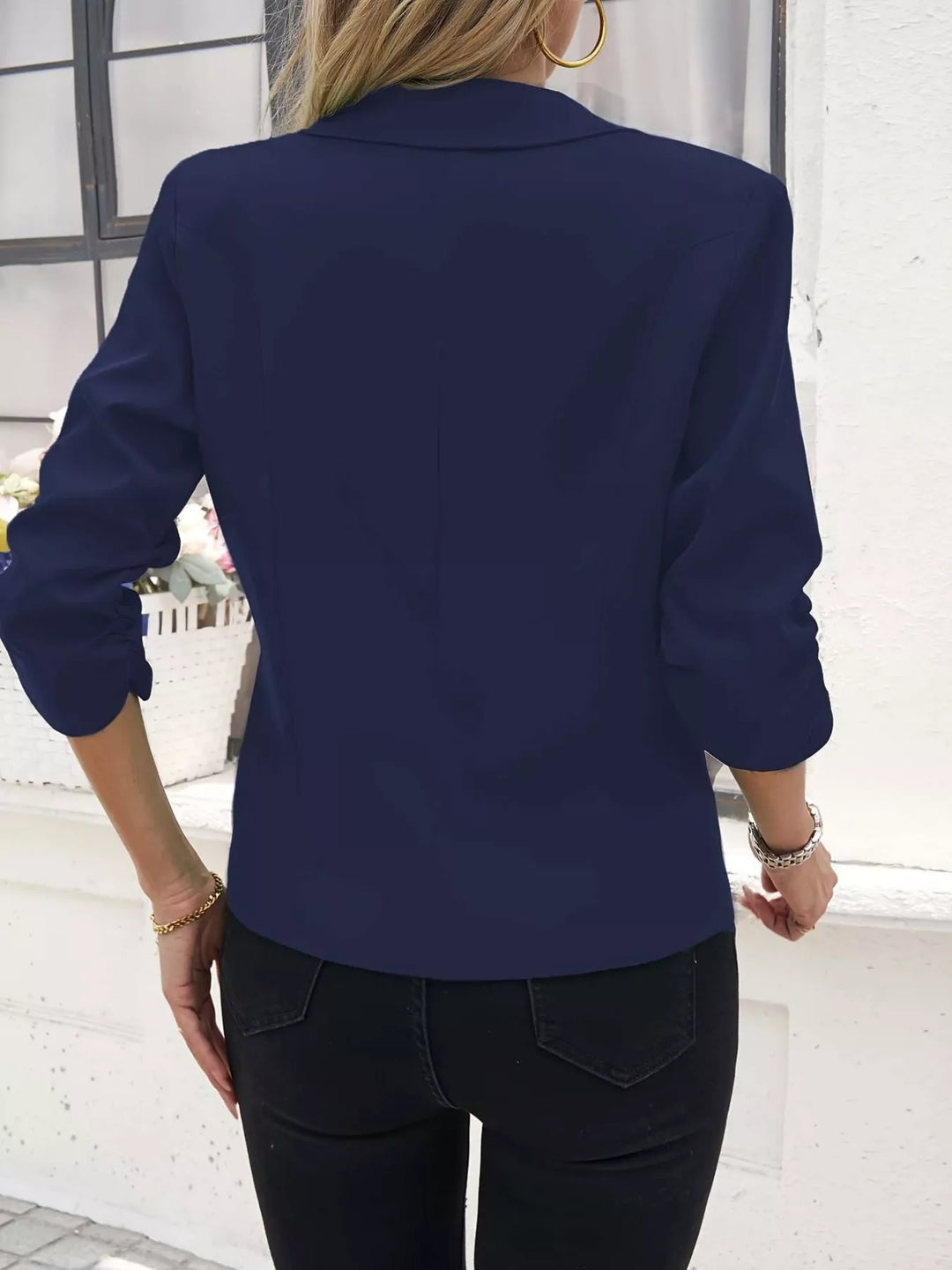 Ruched sleeve notched lapel one-button blazer