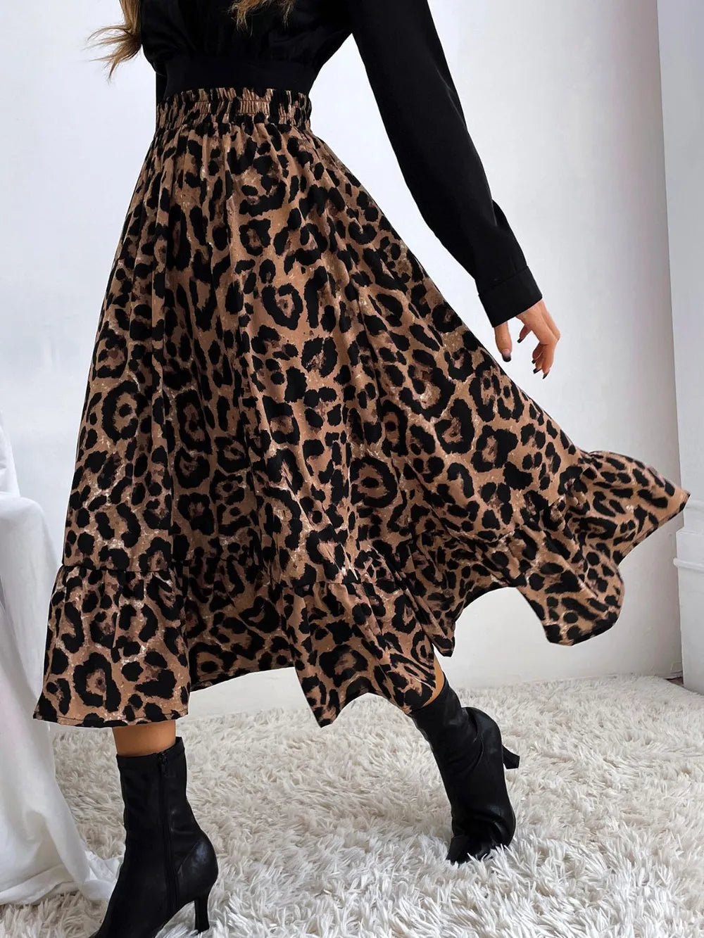 Flared ruffle-tier midi skirt with elastic waist
