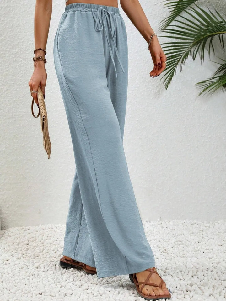 High-rise wide leg drawstring pants with pockets