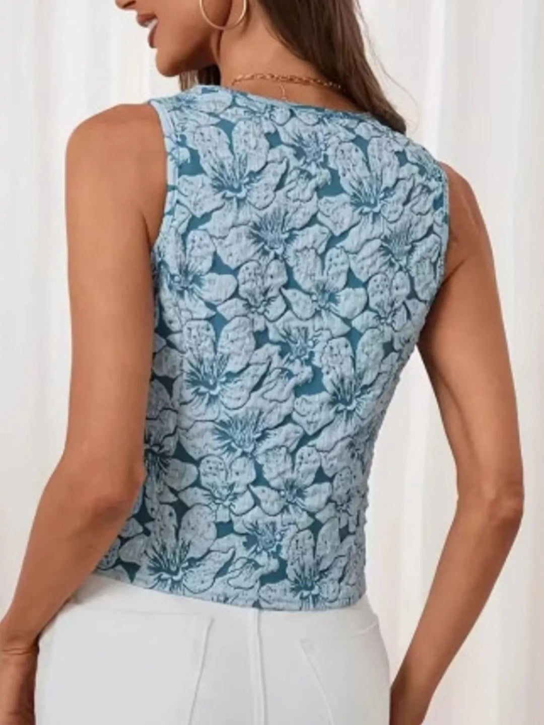 Floral jacquard button-front sleeveless vest top