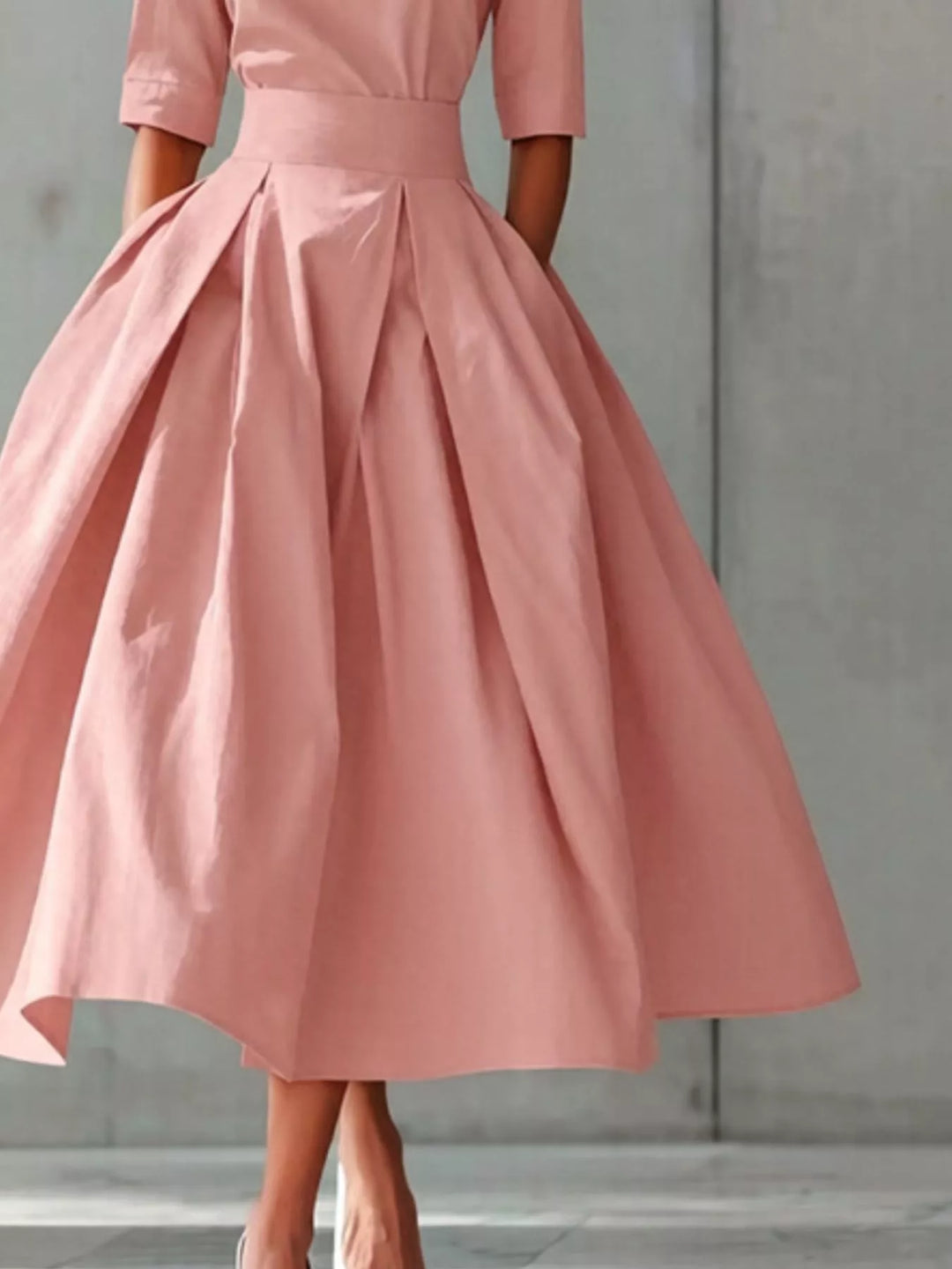 A-line pleated midi dress with side pockets