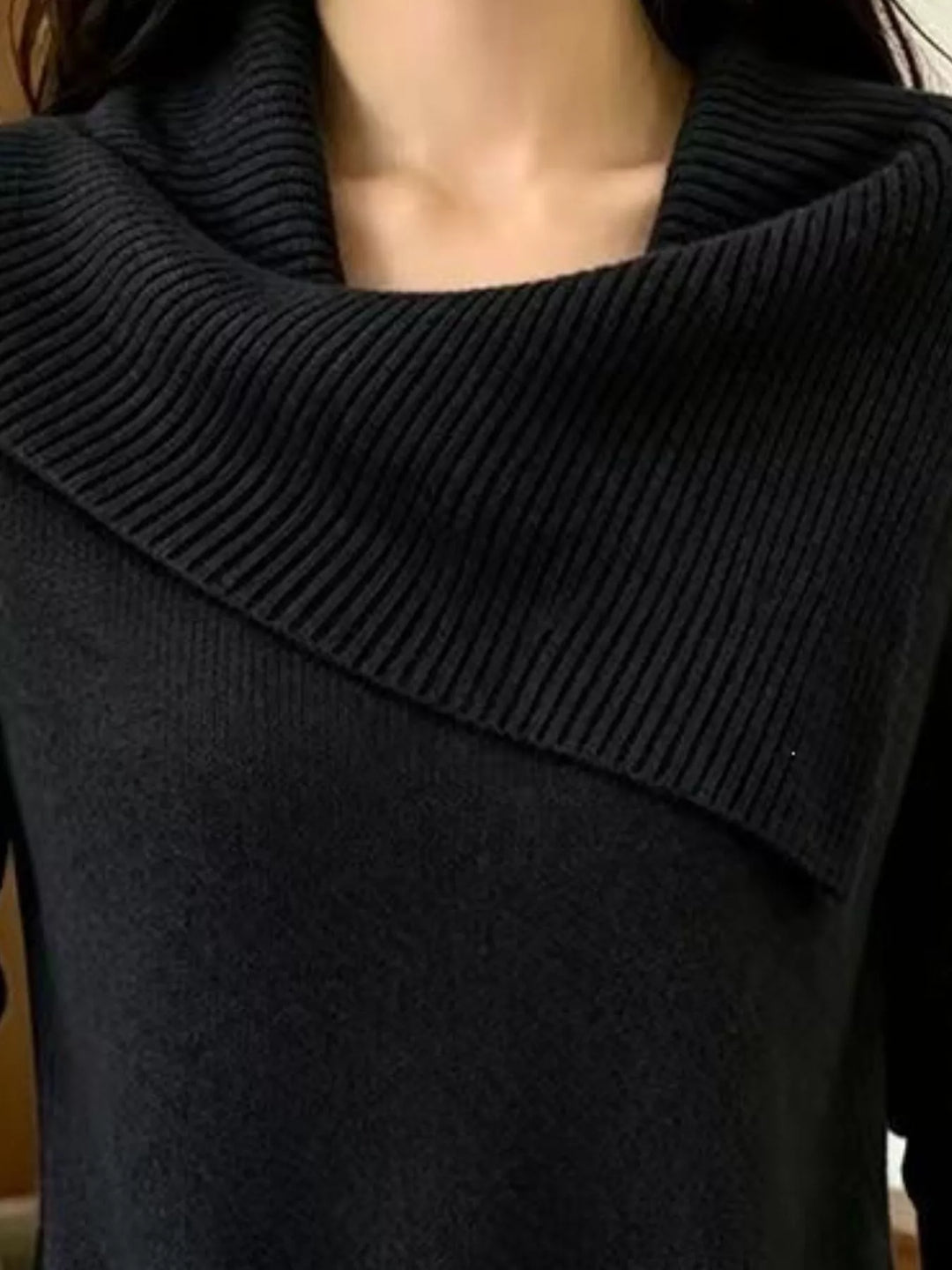 Asymmetric foldover ribbed collar knit pullover sweater
