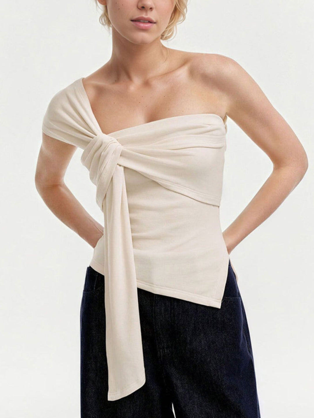 Beige One-shoulder tie top with twist knot detail