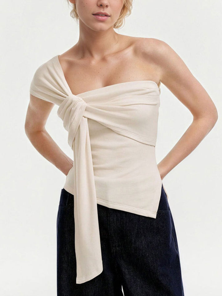 Beige One-shoulder tie top with twist knot detail