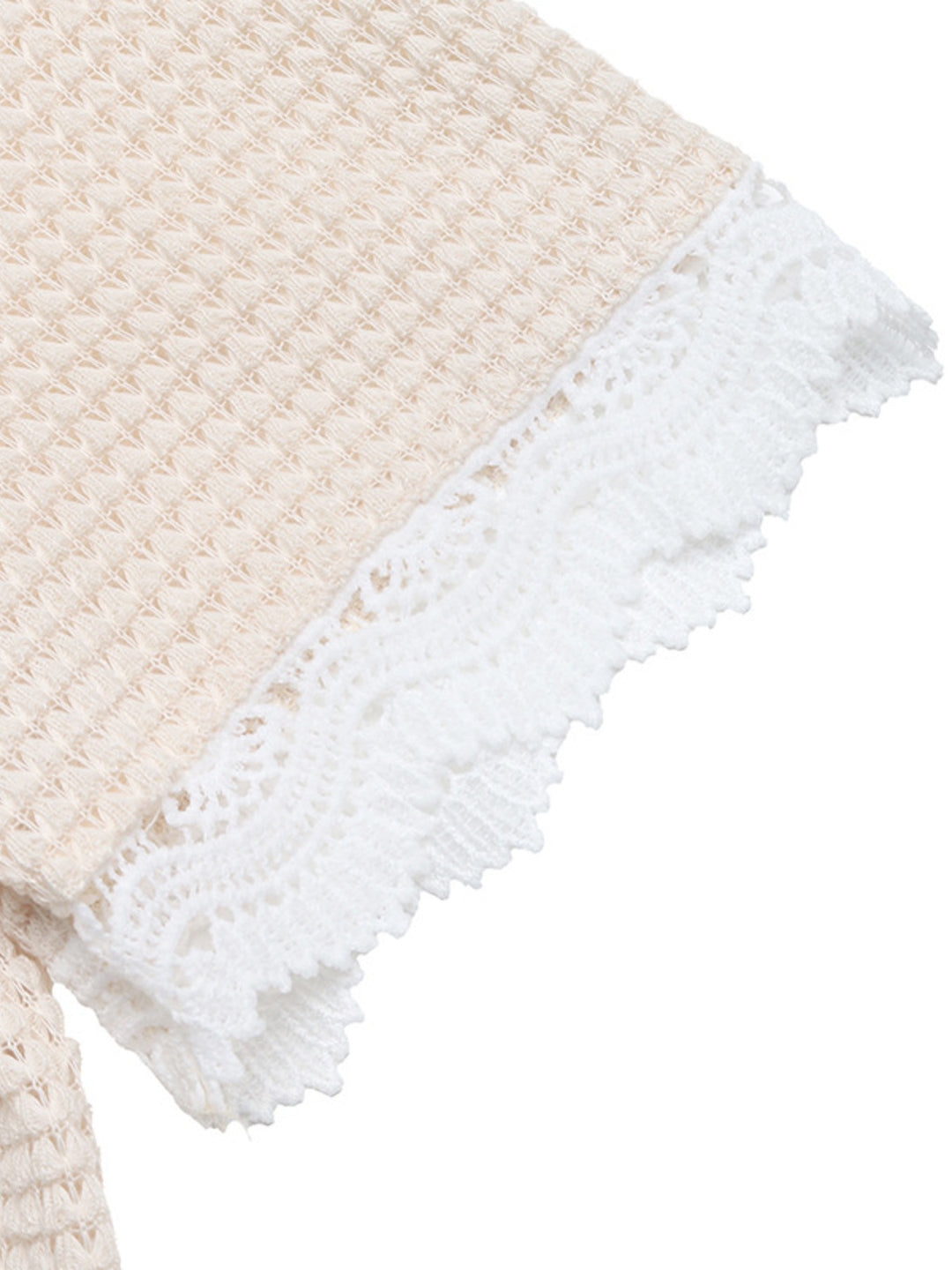 Lace trim waffle knit henley top with wood buttons