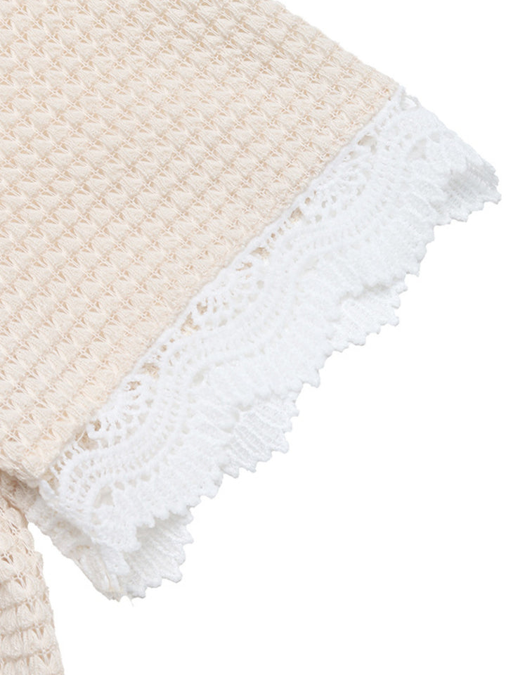 Lace trim waffle knit henley top with wood buttons