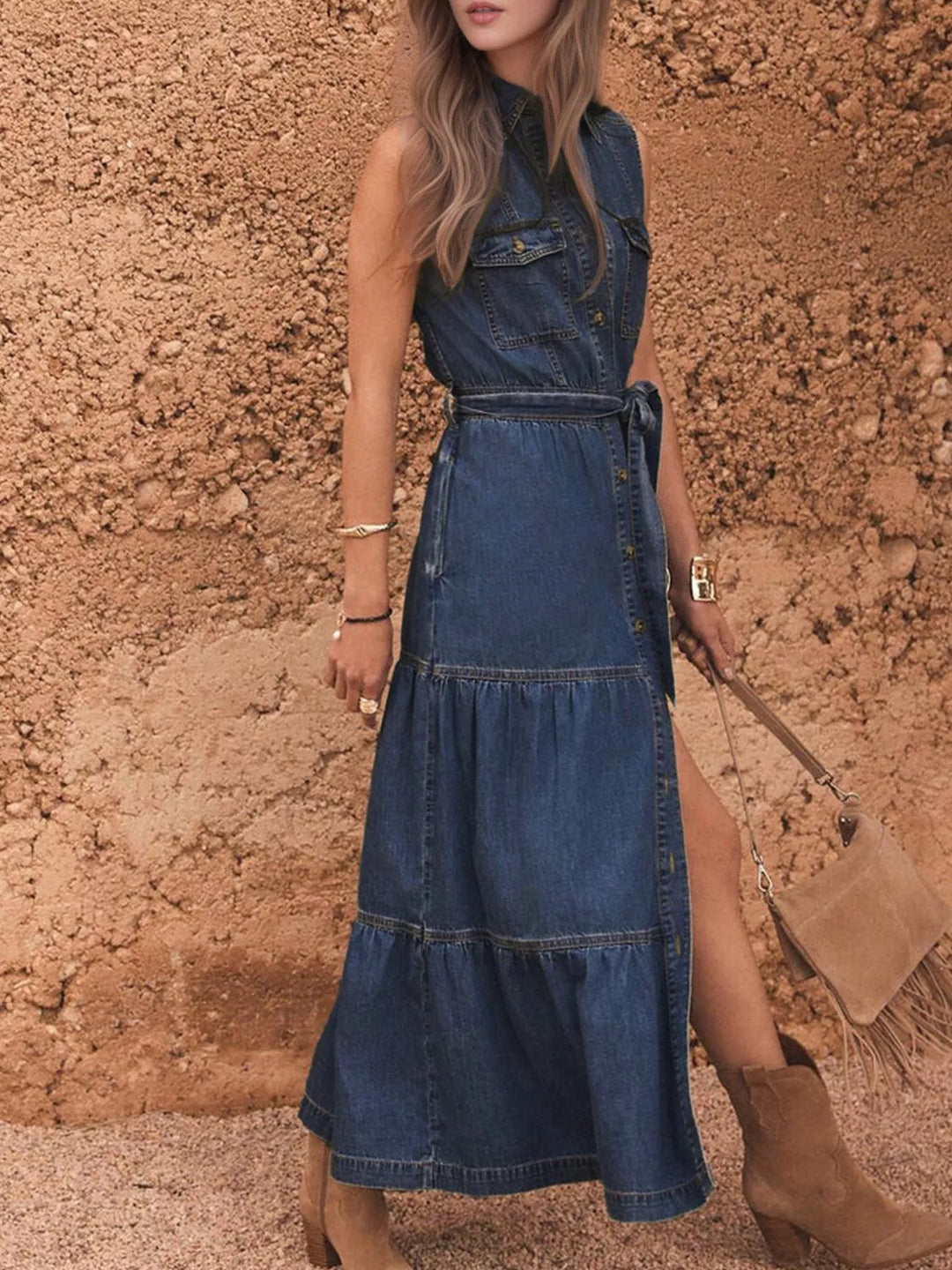 Sleeveless button-front tiered denim maxi dress