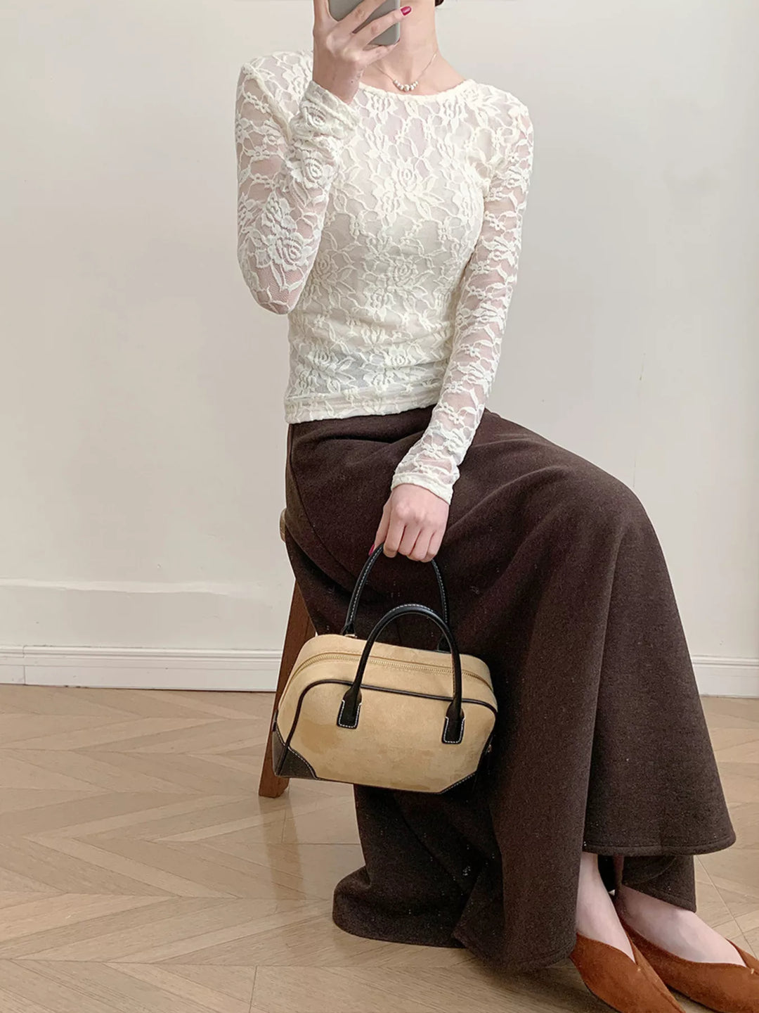 Sheer floral lace round neck long sleeve top