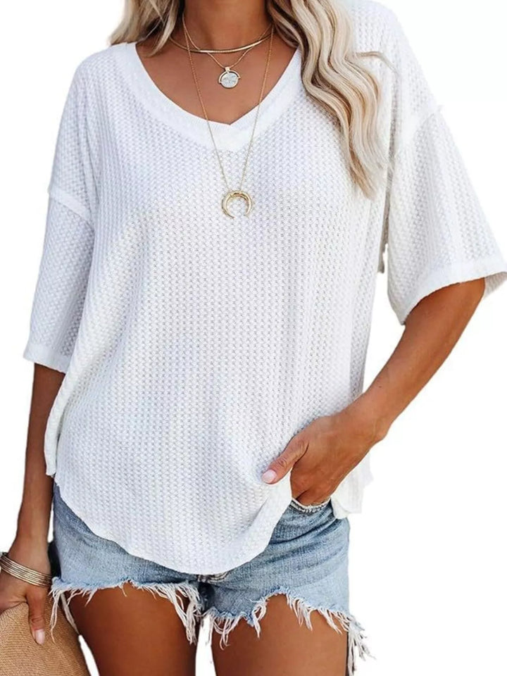 White Waffle knit v-neck drop shoulder short sleeve tee