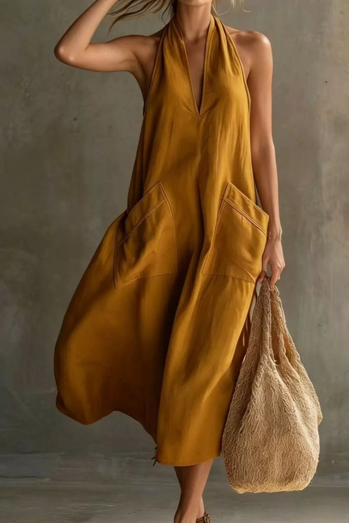 Mustard Relaxed halter neck midi dress with patch pockets