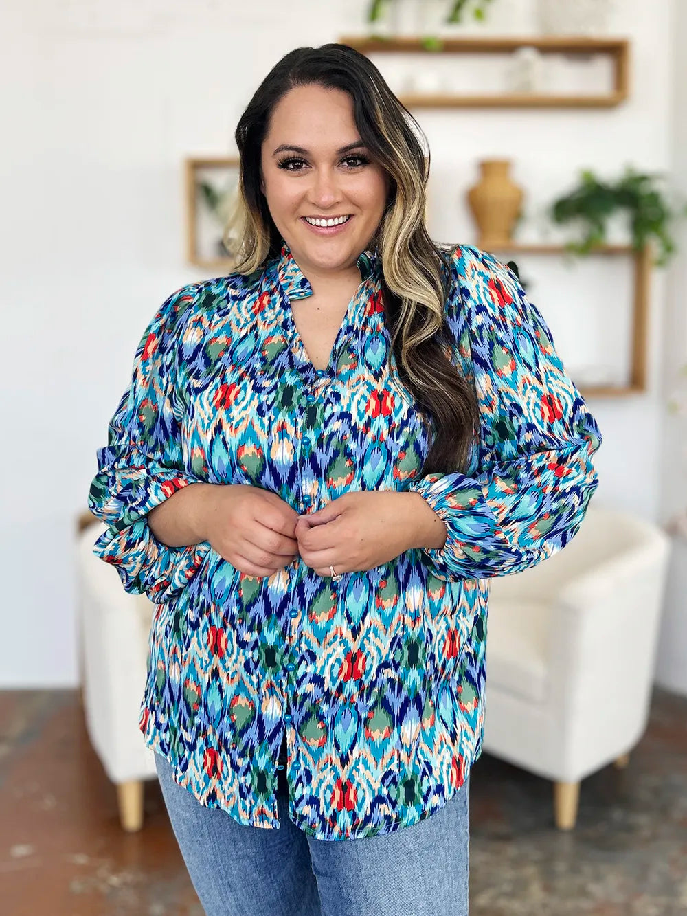 Abstract print balloon-sleeve button-down blouse