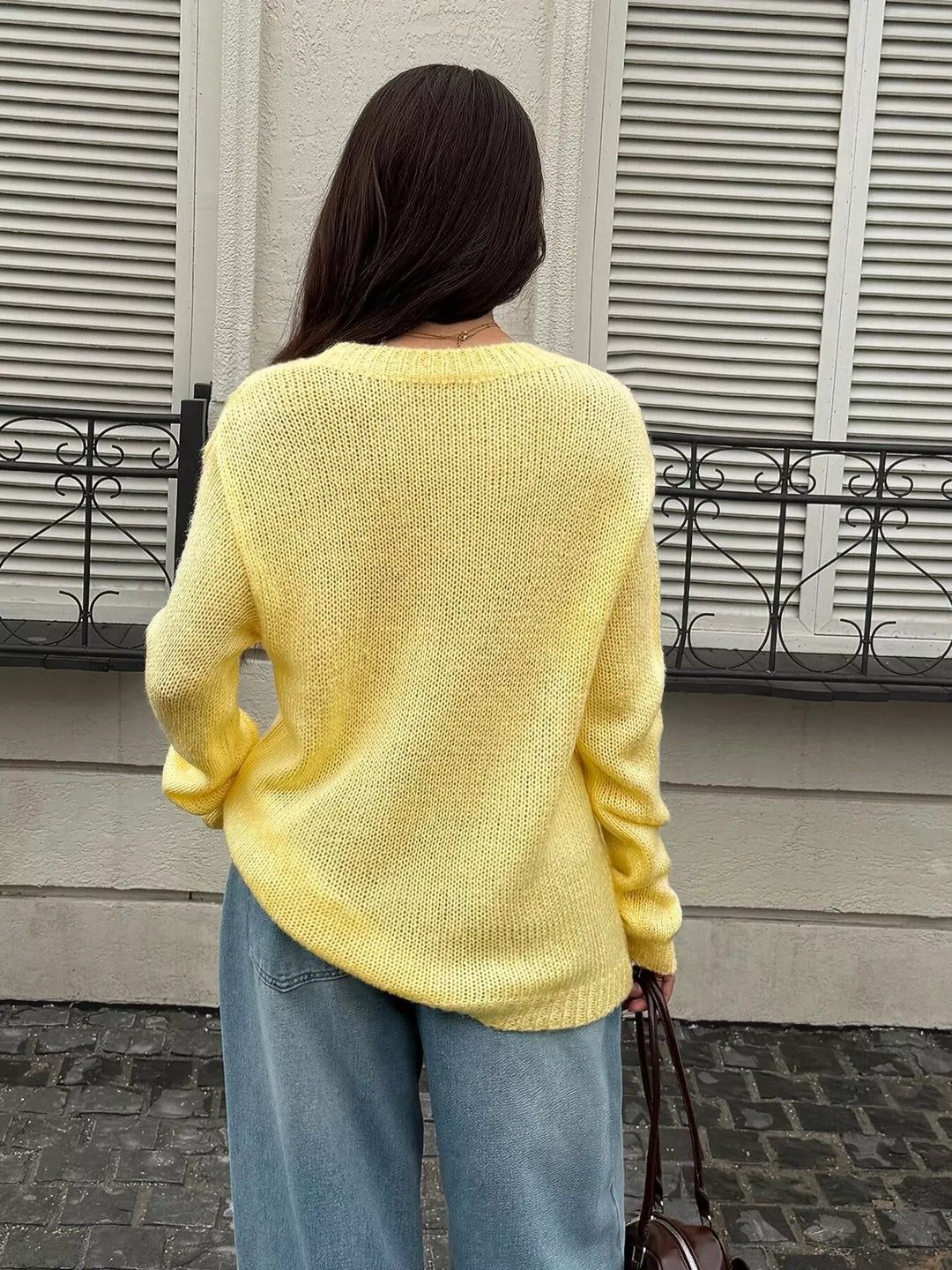 Open knit drop shoulder crew neck pullover sweater