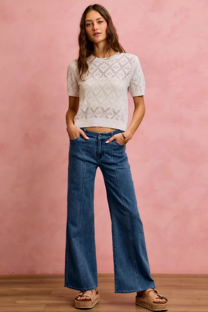Mid-rise wide-leg jeans with front center seam
