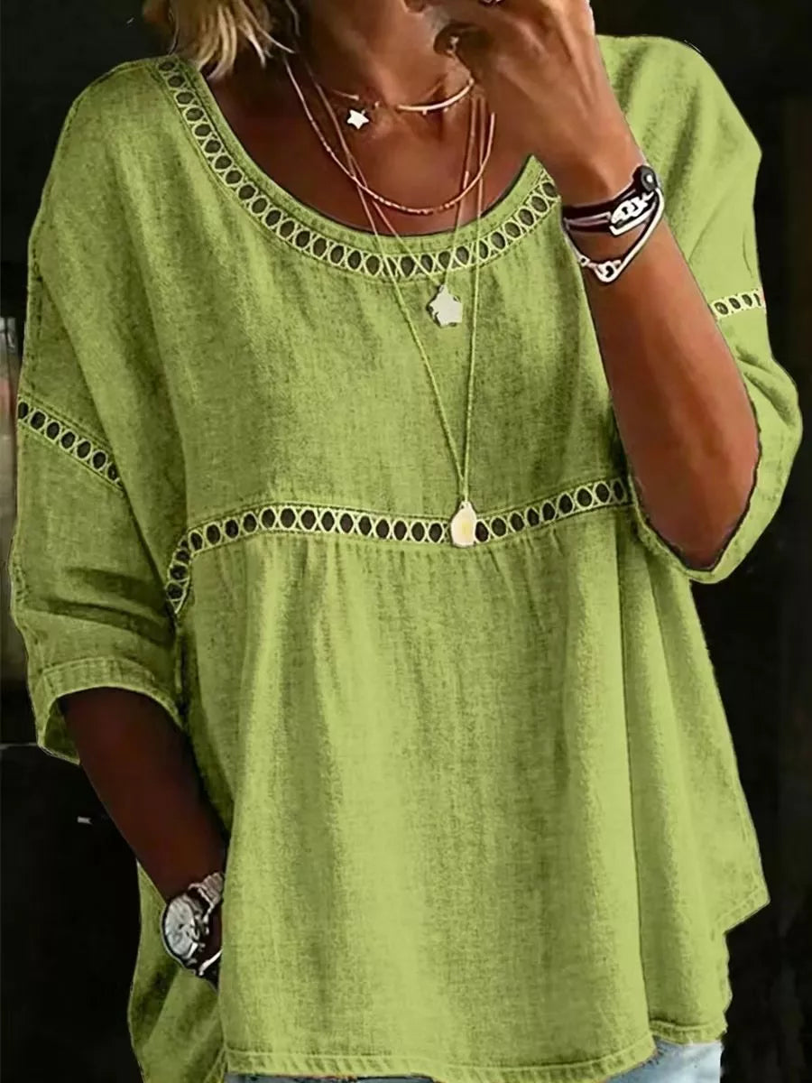 Light Green Floral print crochet-trim tunic top with 3/4 sleeves