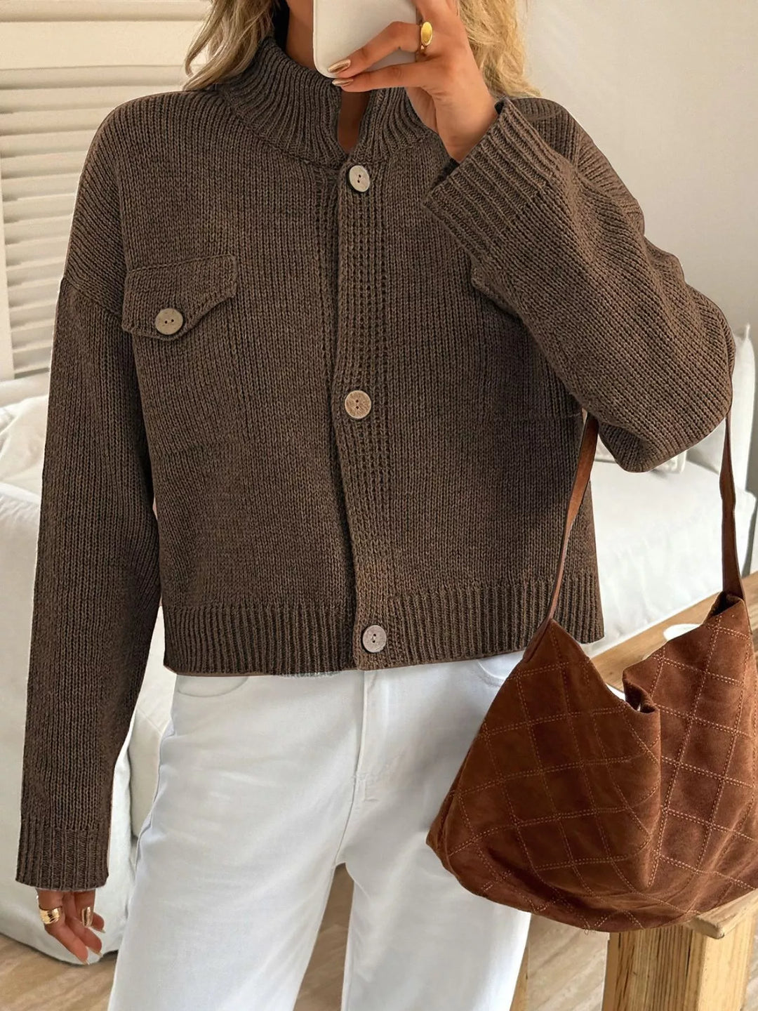 Chunky knit button-front cardigan with chest flap pocket
