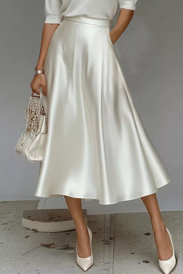 High-waist satin A-line midi skirt with pockets