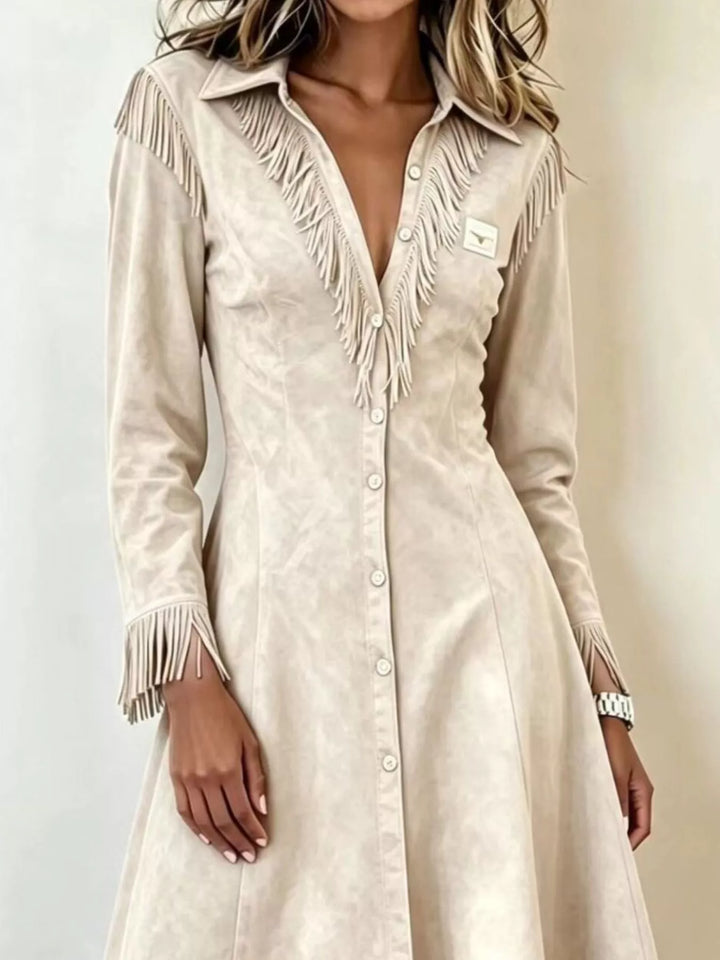 Fringe-trim faux suede button-down midi shirt dress