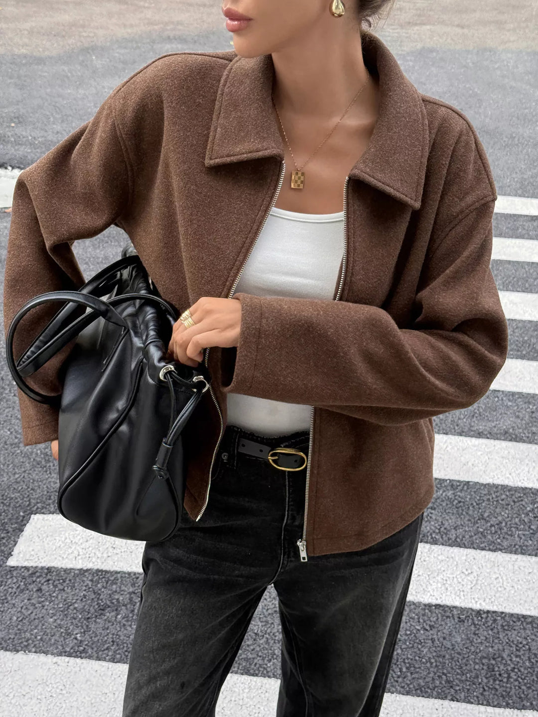 Brown Zip-up dropped shoulder jacket with collar