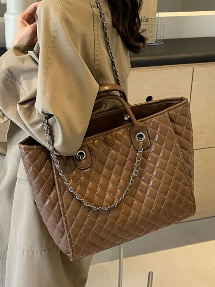 Diamond quilted faux leather tote bag with chain straps