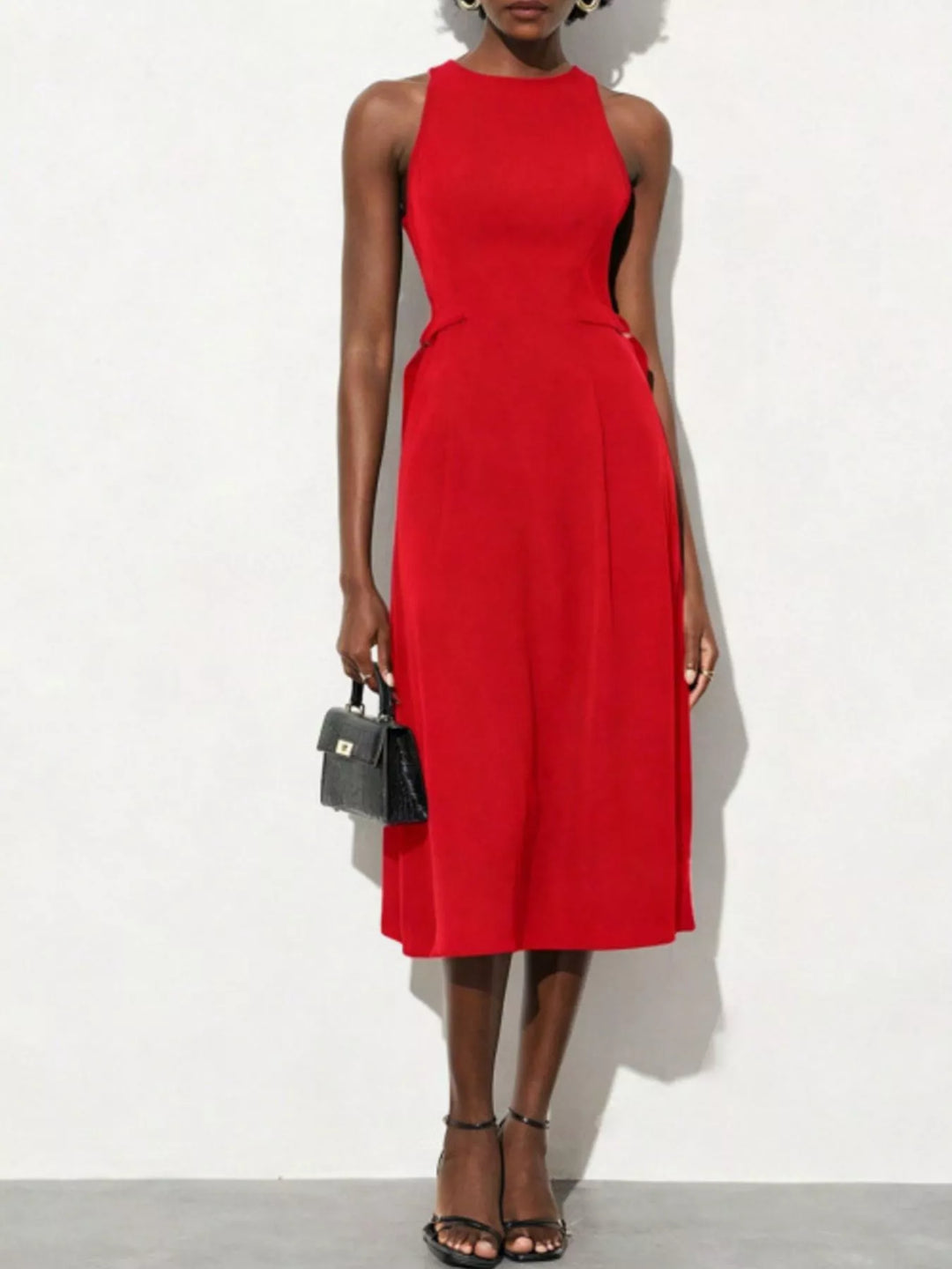 Open-back sleeveless midi dress with side tie
