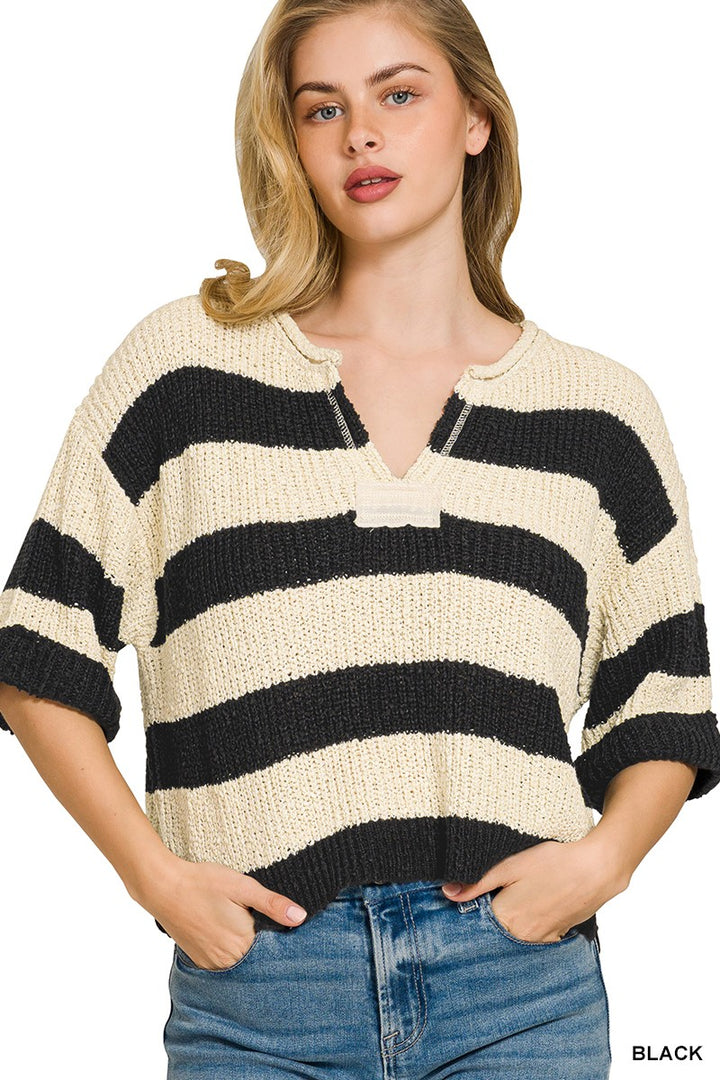 BLACK Wide-stripe split-neck ribbed knit sweater with short sleeves
