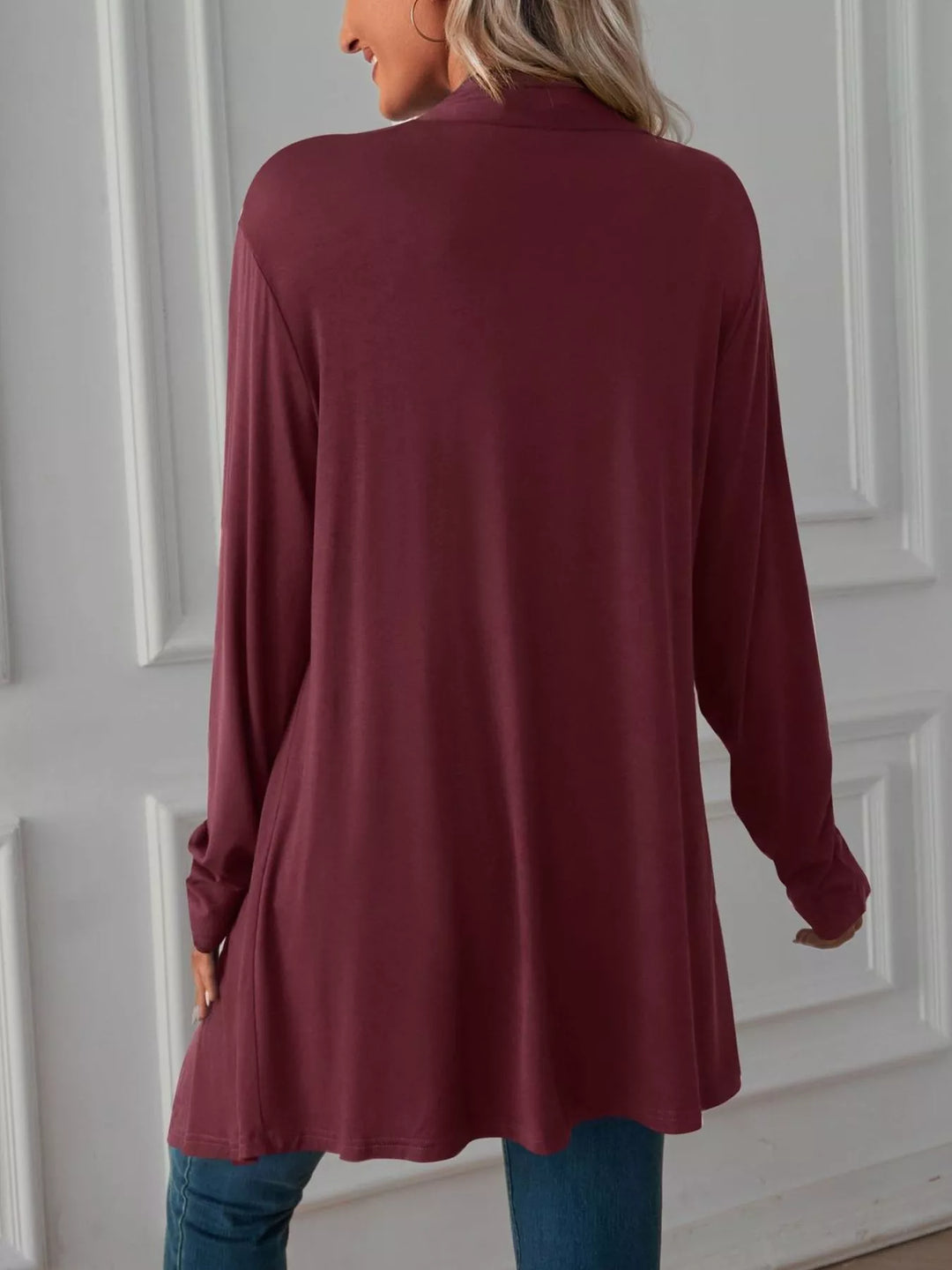 Lightweight open front cardigan with draped waterfall hem