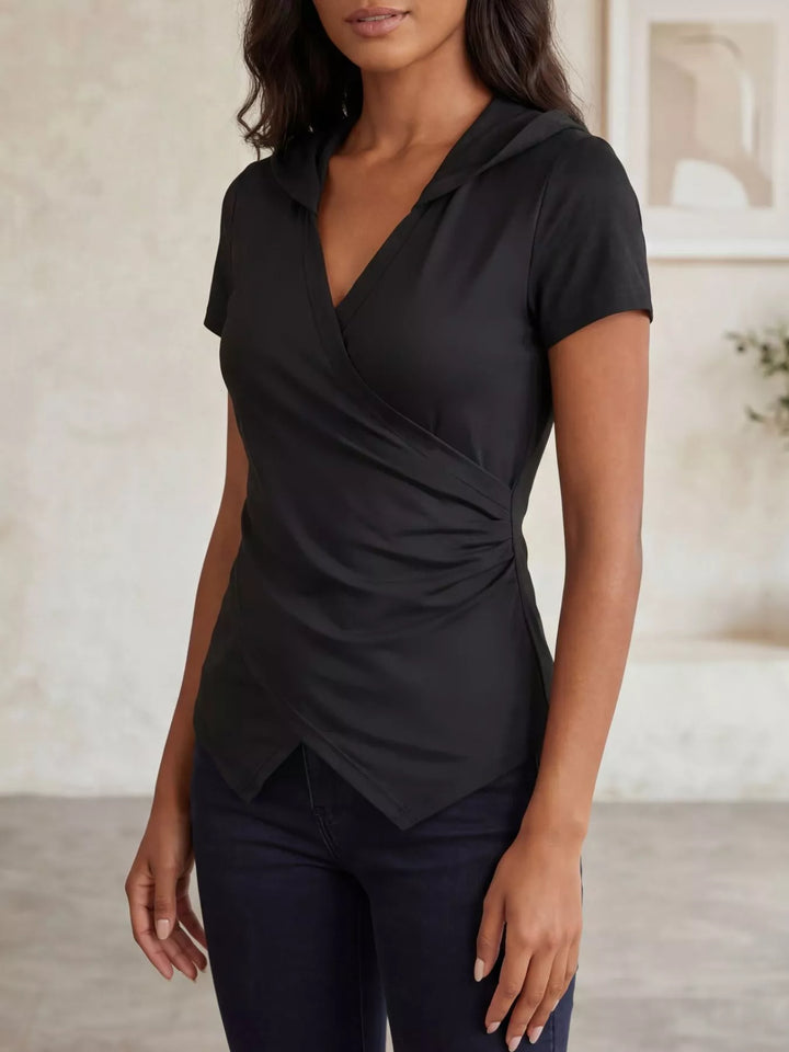 Ruched wrap-front hooded top with asymmetric hem